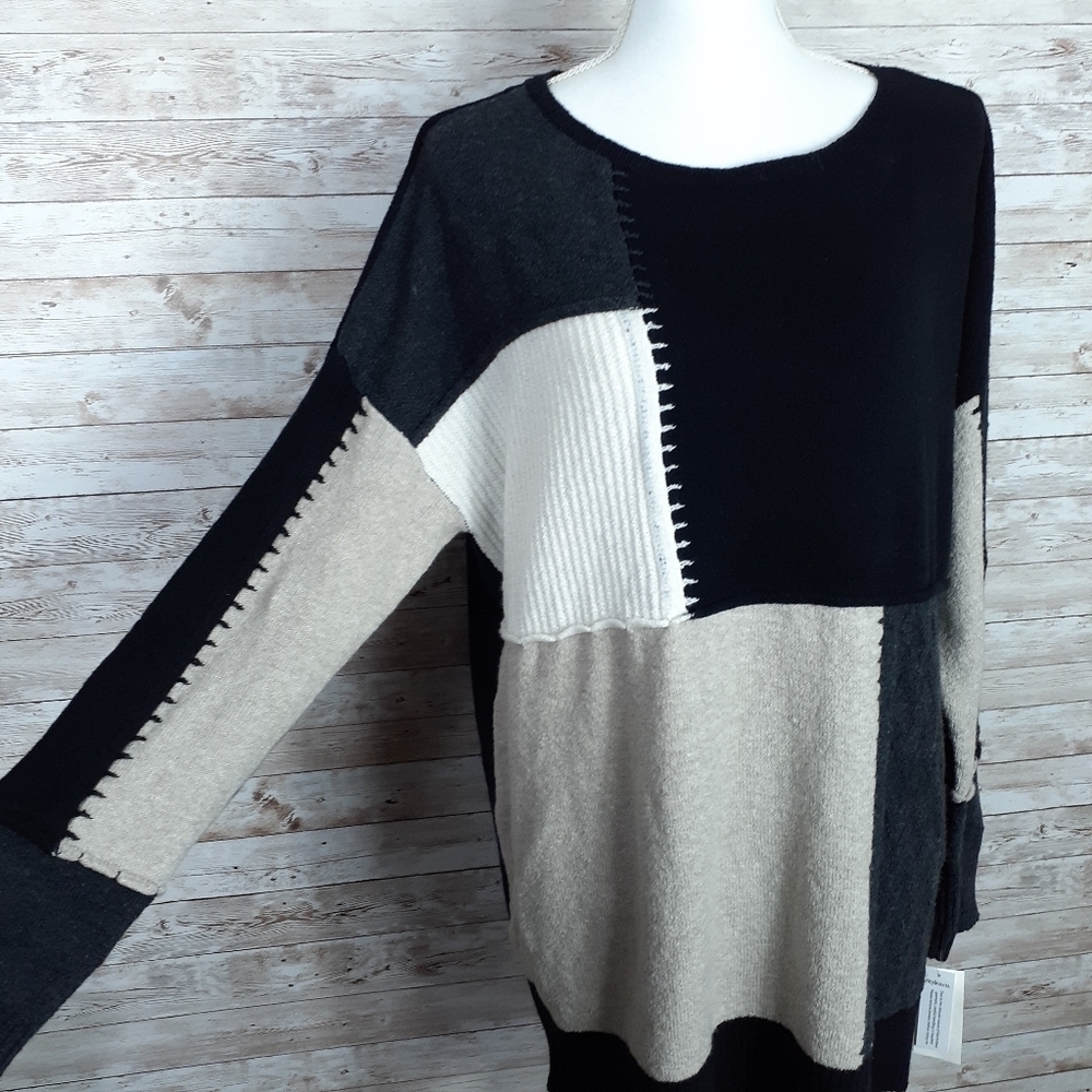 Style & Co Patchwork Sweater Beige Black C - Picture 2 of 5